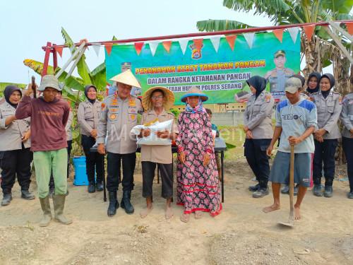 Kapolres Serang, AKBP Condro Sasongko memberikan benih jagung dan pupuk ke sejumlah petani. Foto: Yono