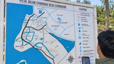 Peta evakuasi jalur tsunami di Desa Cigondang. Foto Antara