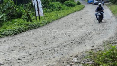 Jalan menuju Terminal Ciboleger yang rusak parah. Foto Antara