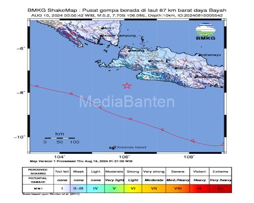 Peta lokasi gempa bumi bayah tanggal 15 Agustus 2024. Foto: BMKG