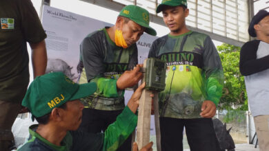 Tim MBJ Taman Nasional Ujung Kulon memperagakan pemasangan kamera trap. Foto: Mirza Sharz