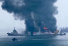 KMP Batu Mandi yang terbakar dekat Pelabuhan Merak. Foto Antara