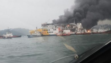 Kebakaran KMP Batu Mandi di dekat Pelabuhan Merak. Foto Antara