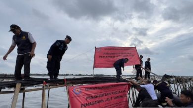 Penyegelan pagar bambu di pesisir pantai Kabupatne Tangerang. Foto: Antara
