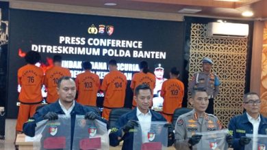 Konferensi pers Polda Banten soal perampokan truk solar di jalan tol. Foto: Antara