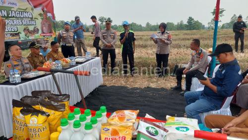 Kapolres Serang melaksanakan penanaman jagung di Curug Goong. Foto Yono