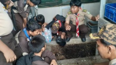 Penggalang Pramuka SDN Tugu Utara 01 belajar pengolahan sampah yang ramah lingkungan. Foto Yusvin Karuyan