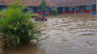 Murid SDN 1 Cibeureum terpaksa diliburkan karena sekolahnya terendam banjir. Foto: Antara