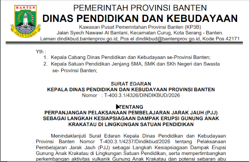Surat edaran Dindikbud Banten tentang perpanjangan PJJ. Foto Screenshot SE