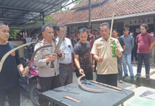 Kapolsek Ciruas, Kompol Hasan Khan pamerkan clurit dan parang dari pelajar. Foto: Yono